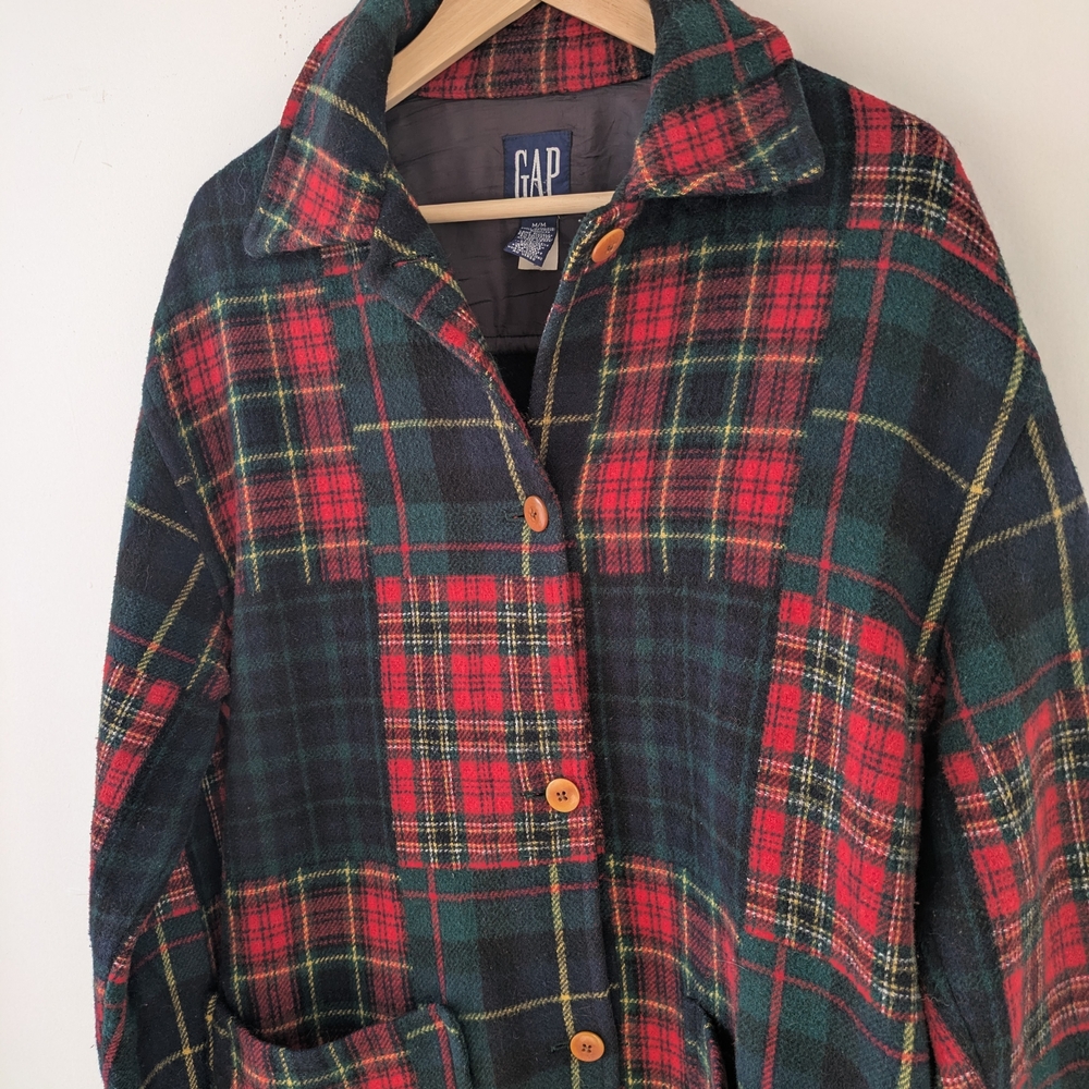 Vintage GAP Tartan Plaid Button-Up Lightweight Jacket Recycled Wool Size Med